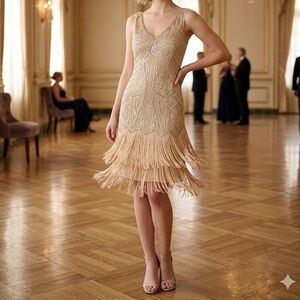 BABEYOND Flapper Dress Great Gatsby Sequin Beaded Fringe Party Dress Sz L